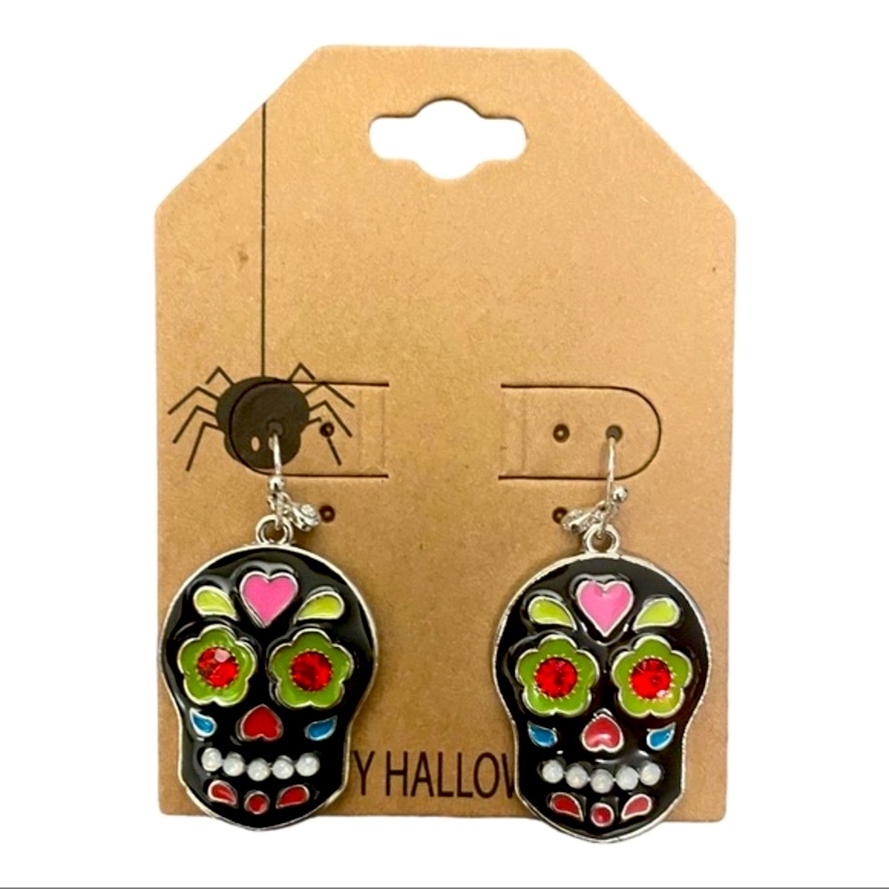 Sugar Skull Rhinestone Embellished Halloween Dangle Earrings NWT